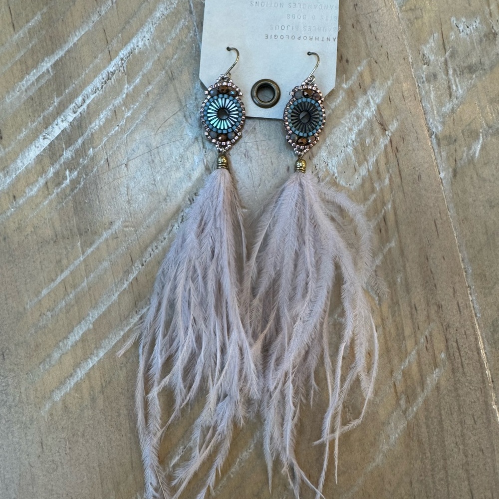 Anthropologie Lavender Feather Drop Earrings